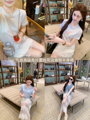 白色半身裙女2025新款夏日绝美亮片a字蕾丝裙蛋糕裙