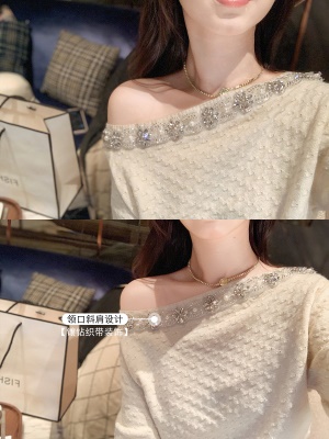 小香风露肩针织连衣裙女春秋新款毛衣裙打底裙子