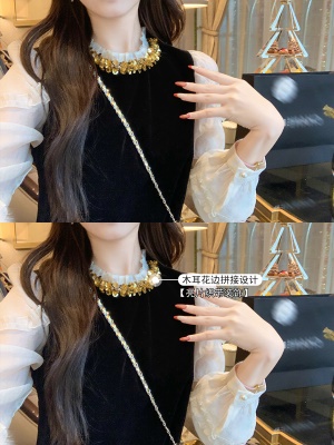 法式拼接撞色丝绒连衣裙女春秋新款小黑色打底裙子