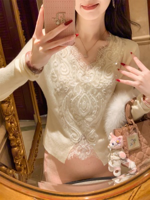 「白贝母」花边刺绣拼接针织上衣女春秋新款打底衫