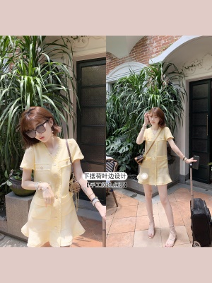 小香风荷叶边下摆连衣裙女夏季新款中长款a字裙子