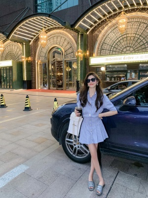 衬衫连衣裙2025新款女条纹短袖显瘦收腰气质a字短裙