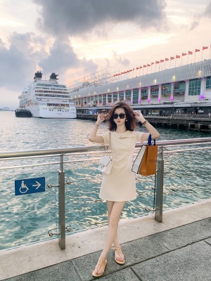 小香风镂空连衣裙女2025夏季新款钉珠中长款高腰裙子