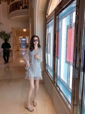 「青翠蓬蓬」钉珠纺纱蛋糕裙女新款气质薄纱连衣裙