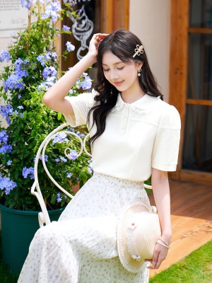 ATAR文艺休闲夏季新品蕾丝花边拼接娃娃领泡泡袖T恤 女短袖POLO衫