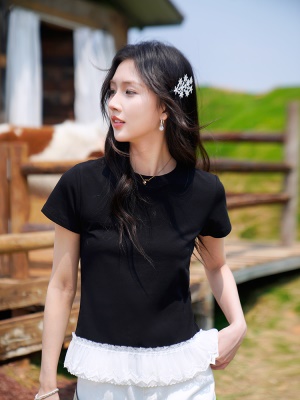 ATAR蕾丝花边拼接套头短袖T恤 女夏季2025新款小个子修身百搭上衣