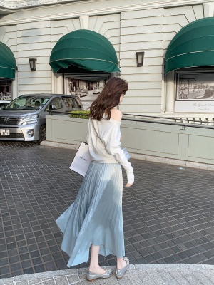 「花漾年华」缎面a字版型百褶裙女中长款白色半身裙