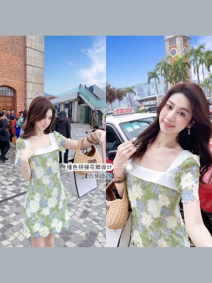 气质方领钩花连衣裙女夏日新款绝美小裙子今年流行