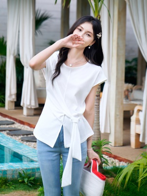 ATAR韩版设计感绑带收腰显瘦圆领短袖T恤女夏季2025新款宽松上衣