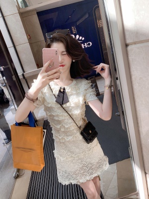 高端气质短袖蕾丝连衣裙女夏季新款小香风花边裙子