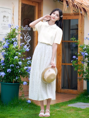 ATAR文艺休闲夏季新品蕾丝花边拼接娃娃领泡泡袖T恤 女短袖POLO衫