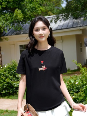 ATAR休闲宽松女装刺绣爱心小狗短袖T恤2025夏季新款白色圆领上衣