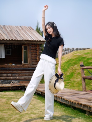 ATAR蕾丝花边拼接套头短袖T恤 女夏季2025新款小个子修身百搭上衣