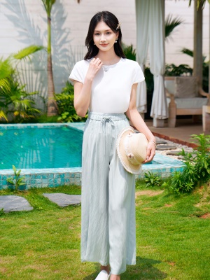 ATAR休闲绑带收腰显瘦圆领短袖T恤衫 2025夏季新品女简约宽松上衣