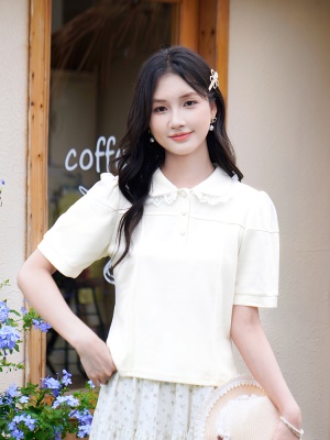 ATAR文艺休闲夏季新品蕾丝花边拼接娃娃领泡泡袖T恤 女短袖POLO衫