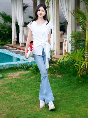 ATAR韩版设计感绑带收腰显瘦圆领短袖T恤女夏季2025新款宽松上衣