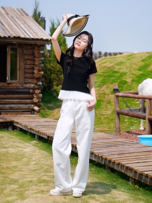 ATAR蕾丝花边拼接套头短袖T恤 女夏季2025新款小个子修身百搭上衣