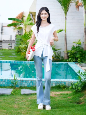 ATAR韩版设计感绑带收腰显瘦圆领短袖T恤女夏季2025新款宽松上衣