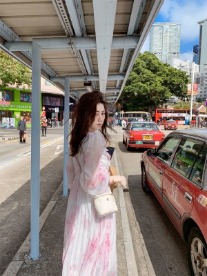 「桃色花颜」法式气质长袖连衣裙女春装新款印花裙子