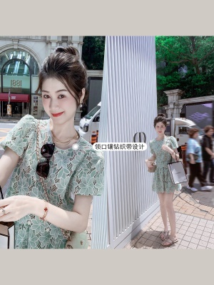 小香风定制刺绣钩花两件套连衣裙女夏季新款短裙套