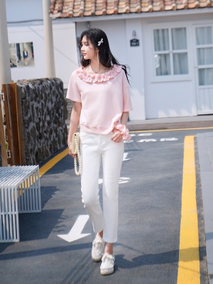 ATAR甜美淑女夏日新品木耳花边拼接大圆领短袖T恤衫 宽松露肩上衣