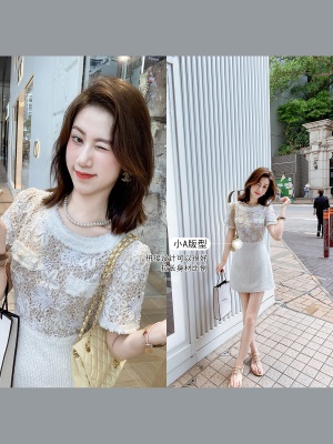 小香风花朵镂空蕾丝拼接连衣裙女夏季新款中长款裙子