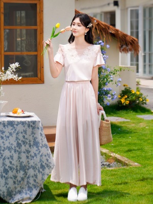 ATAR名媛淑女珍珠立体花短袖T恤 夏季新品网纱拼接荷叶袖粉色上衣