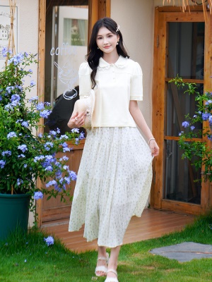 ATAR文艺休闲夏季新品蕾丝花边拼接娃娃领泡泡袖T恤 女短袖POLO衫