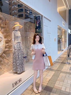 甜美蕾丝花边拼接连衣裙女2025夏季新款中长款a字裙