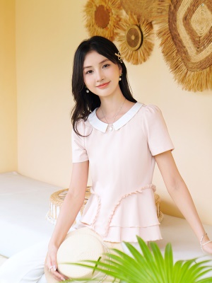 ATAR气质女夏日新品娃娃领木耳拼接短袖T恤 撞色双层下摆针织上衣