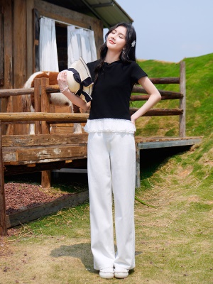 ATAR蕾丝花边拼接套头短袖T恤 女夏季2025新款小个子修身百搭上衣