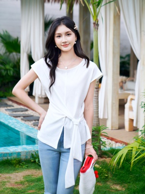 ATAR韩版设计感绑带收腰显瘦圆领短袖T恤女夏季2025新款宽松上衣