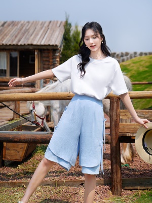 ATAR2025夏季新款甜美波浪边圆领短袖T恤 女宽松显瘦百搭半袖上衣