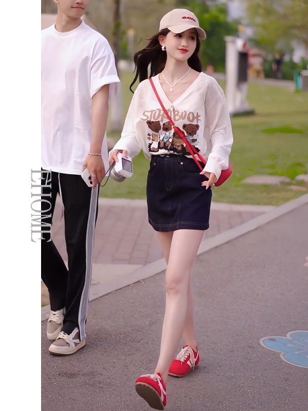 夏日绝美套装穿搭小熊印花时尚百搭宽松休闲长袖开衫牛仔半身裙女