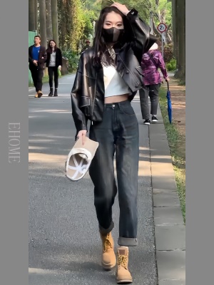 美式复古港风PU皮衣外套女短款机车服宽松百搭夹克哈伦老爹牛仔裤