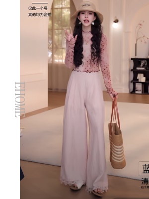 五一穿搭一整套高级感夏季百搭短款木耳边波点长袖防晒T恤阔腿裤