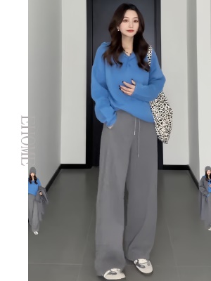 温柔系穿搭秋冬套装韩系百搭简约连帽针织衫毛衣高级感直筒休闲裤