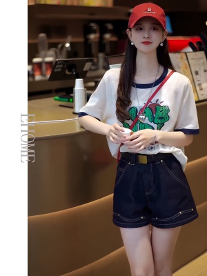 夏日漂亮小套装时尚字母印花撞色短袖T恤百搭显瘦休闲牛仔短裤女