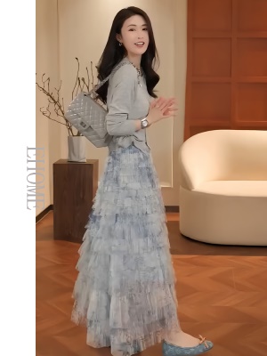 绝美开春小套装ins洋气立体花朵针织开衫扎染网纱层层蛋糕半身裙