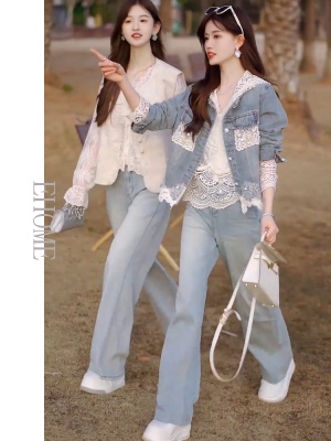 独特绝美初春小套装气质减龄百搭蕾丝连帽长袖小衫拼接牛仔短外套