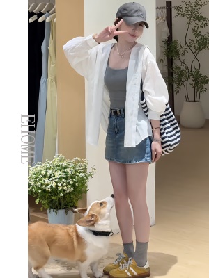 今年流行的女装套装韩系休闲宽松长袖连帽防晒外套吊带牛仔裙裤女