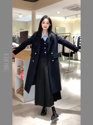 秋装搭配一整套学院风中长款大衣外套假两件针织衫百褶半身裙套装