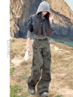 美式复古街头连帽显瘦拉链短款上衣外套迷彩多口袋直筒拖地工装裤