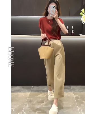 可盐可甜套装夏季新款针织条纹百搭显瘦上衣九分休闲直筒裤两件套