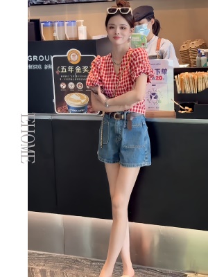 小清新套装小个子减龄红色格子衬衫后腰系带蝴蝶结上衣牛仔短裤