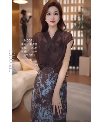 大方得体穿搭两件套轻熟风优雅气质水墨画吊带连衣裙高级感罩衫女