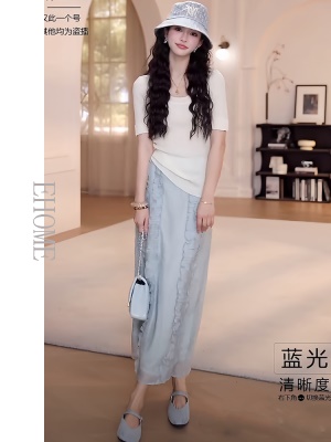 夏日绝美套装穿搭气质中短袖圆领针织上衣立体木耳边拼接半身裙女