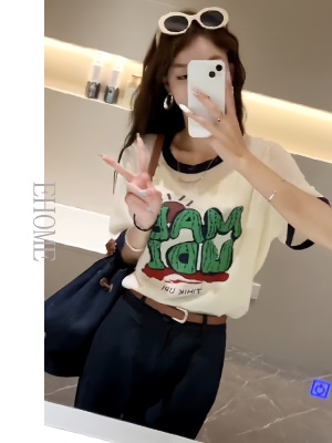 夏季减龄漂亮洋气套装字母印花撞色圆领短袖T恤显瘦九分休闲裤女