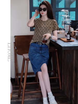 今年流行的女装套装洋气波点气质休闲百搭T恤阔腿五分牛仔短裤