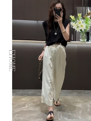 盐系轻熟两件套装夏季新款气质圆领坎肩木耳边上衣高腰显瘦直筒裤